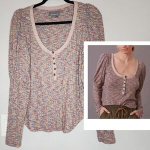 Anthropologie Puff Sleeve Multi Colored Knit Henley Size Medium